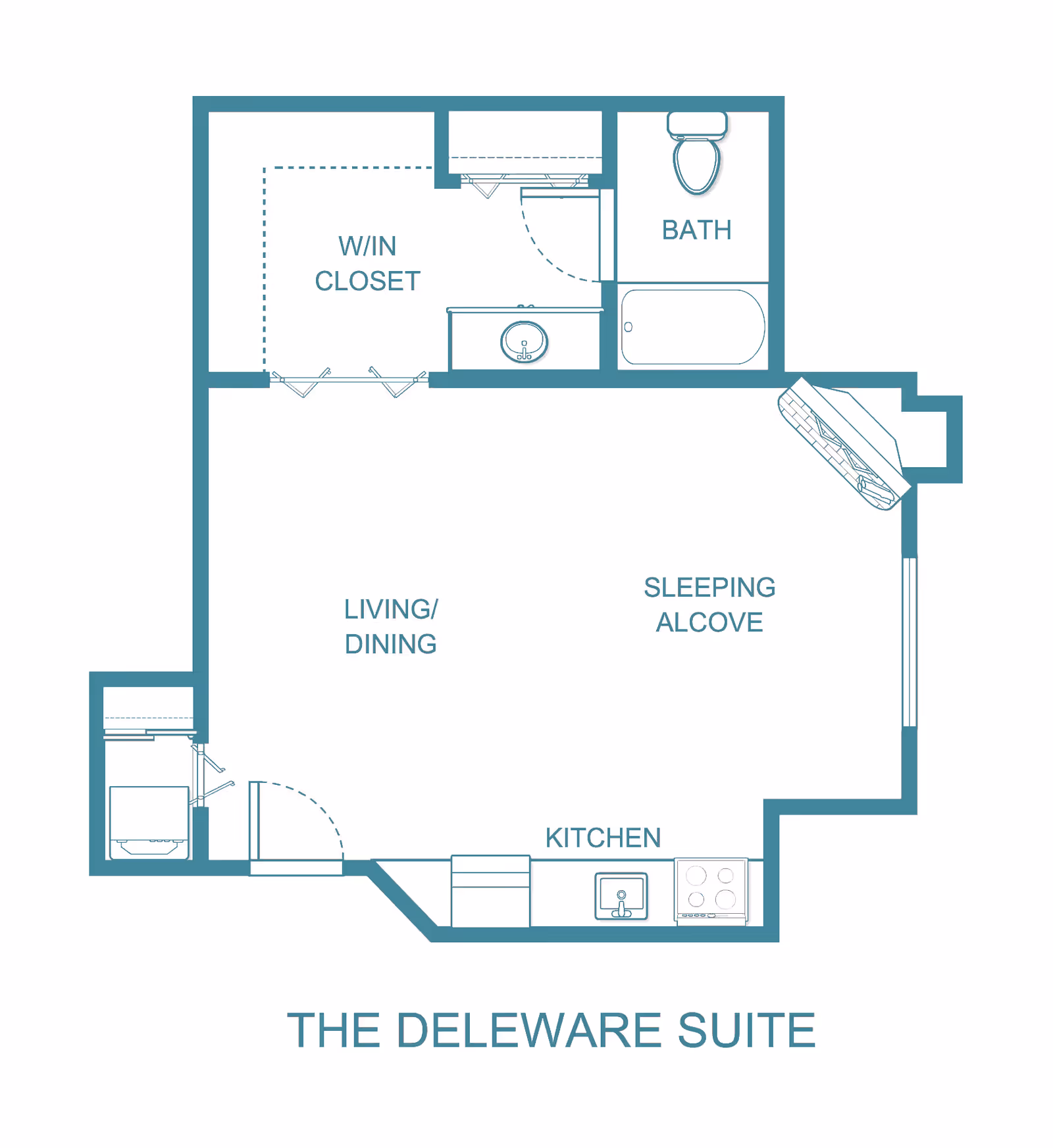 Floor plan of The Deleware Suite at The Bentley - Sky Active Living, showing a layout with a walk-in closet, bathroom with bathtub and toilet, living/dining area, sleeping alcove, and kitchen.
