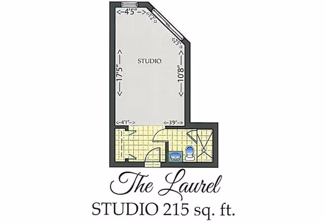 Floor plan of a studio apartment named The Laurel with a total area of 215 square feet. The layout includes a main studio living space and a small bathroom with a toilet and shower.