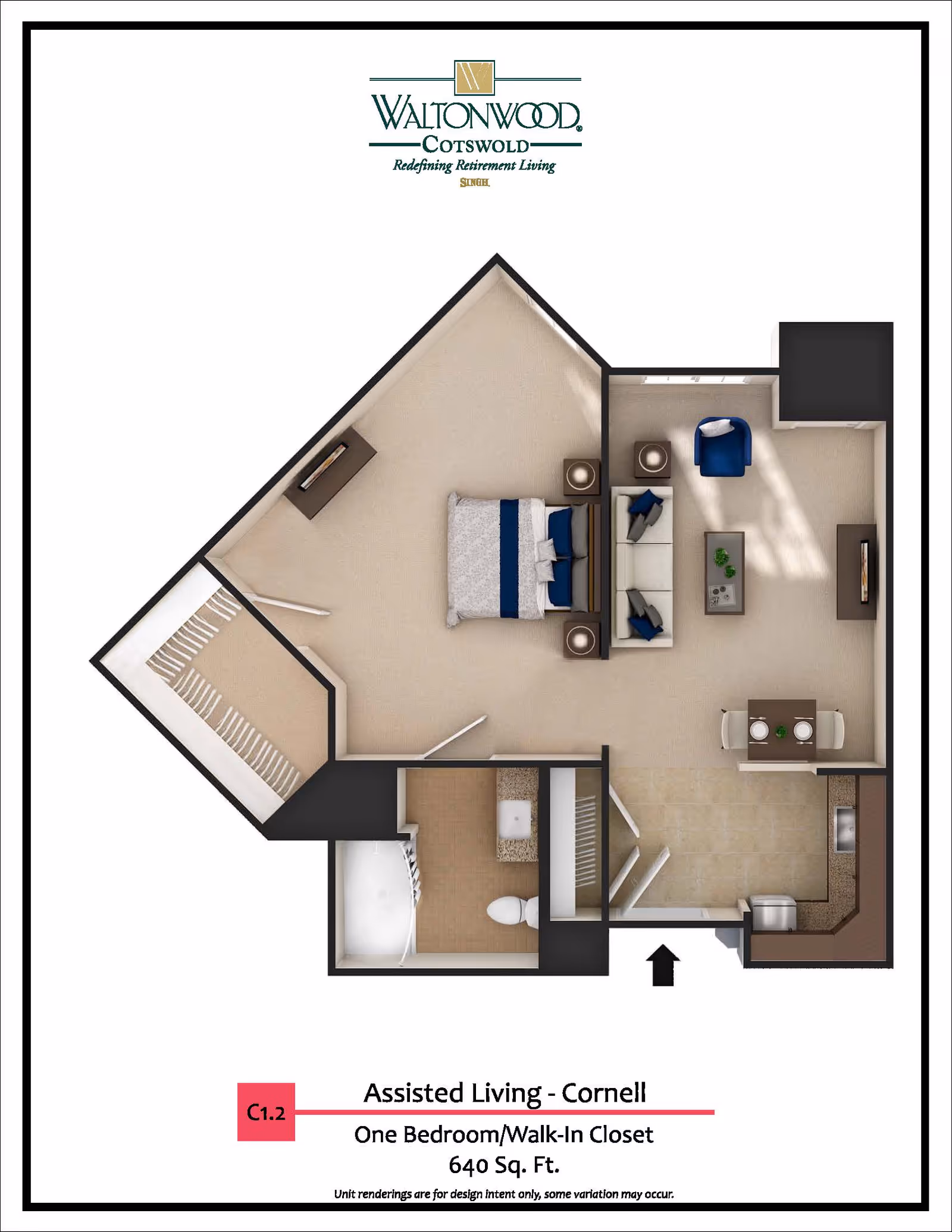 Floor plan of an assisted living unit named Cornell at Waltonwood Cotswold, featuring one bedroom with a walk-in closet, a living area with sofa and chair, a dining table for two, a kitchen, and a bathroom with a bathtub and toilet. The total area is 640 square feet.