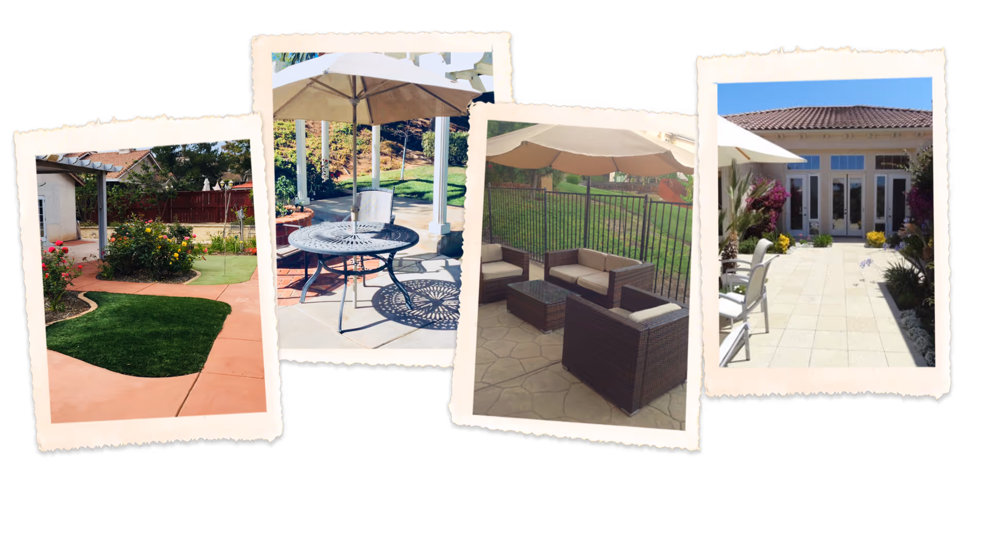 A collage of four photos showing outdoor areas of a senior living facility. The first photo shows a garden with a curved pathway and green grass. The second photo features a round metal table with chairs and a large umbrella on a patio. The third photo displays a patio seating area with cushioned wicker chairs and a large umbrella, overlooking a grassy area. The fourth photo shows a paved courtyard with white chairs, plants, flowers, and a building entrance with large glass doors.
