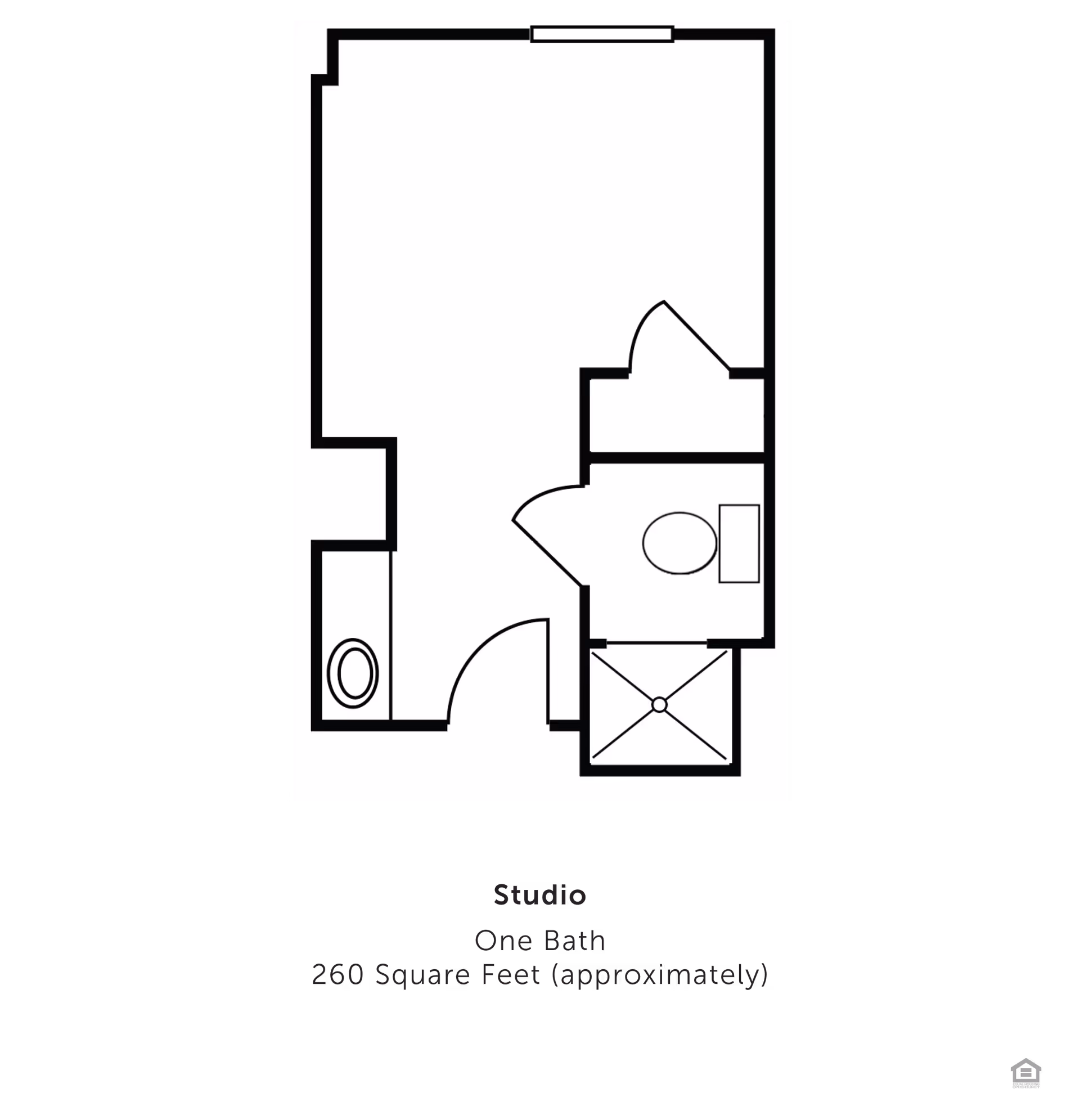 Floor plan of a studio apartment with one bathroom, approximately 260 square feet. The layout shows a main living area, a bathroom with a toilet and shower, and a small kitchen area with a sink.