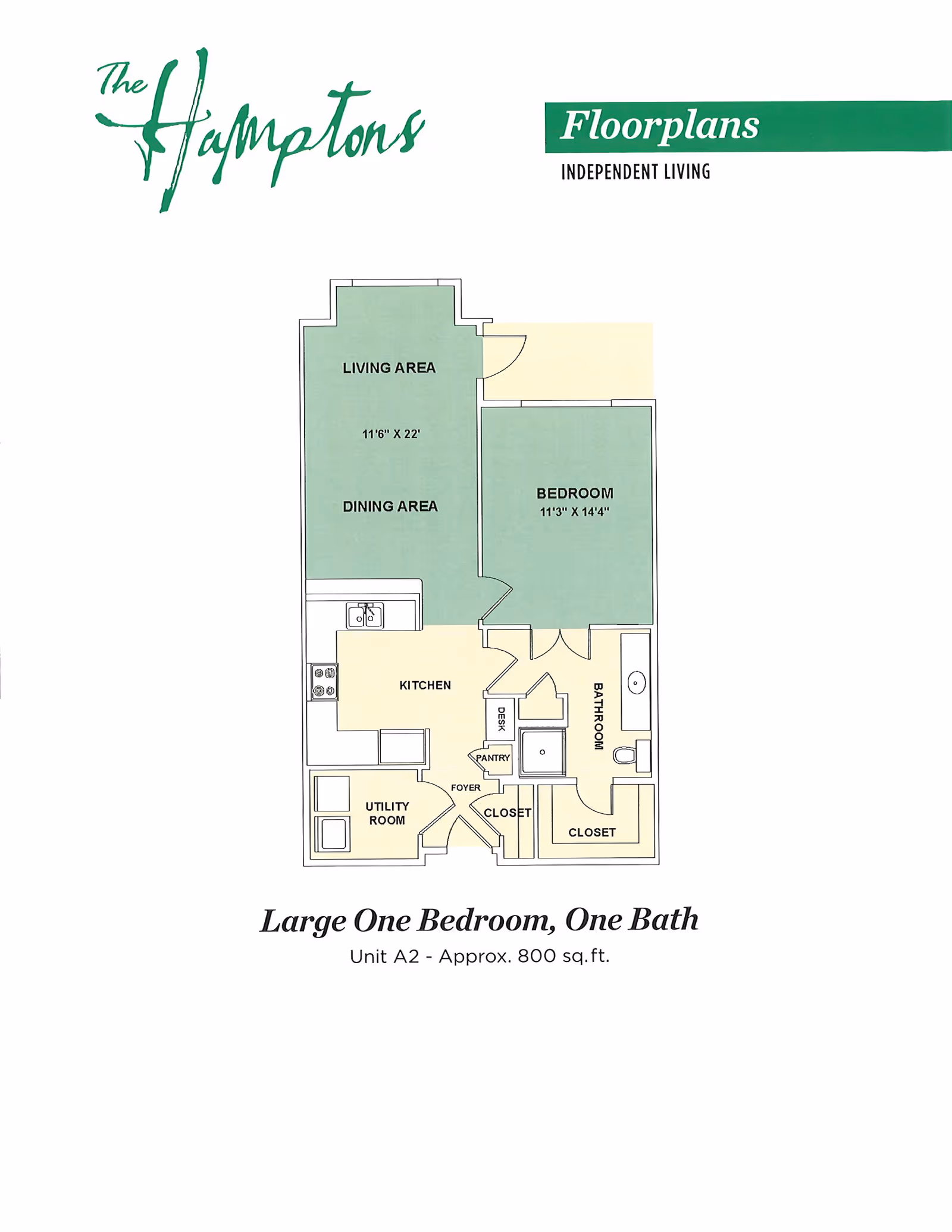 Colored floor plan diagram of a large one-bedroom, one-bath independent living unit showing living/dining area, kitchen, bedroom, bathroom, closets and utility room.