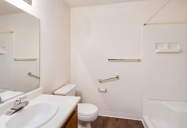 Bathroom with a sink and mirror on the left, a toilet in the center, grab bars on the wall, and a bathtub/shower to the right.