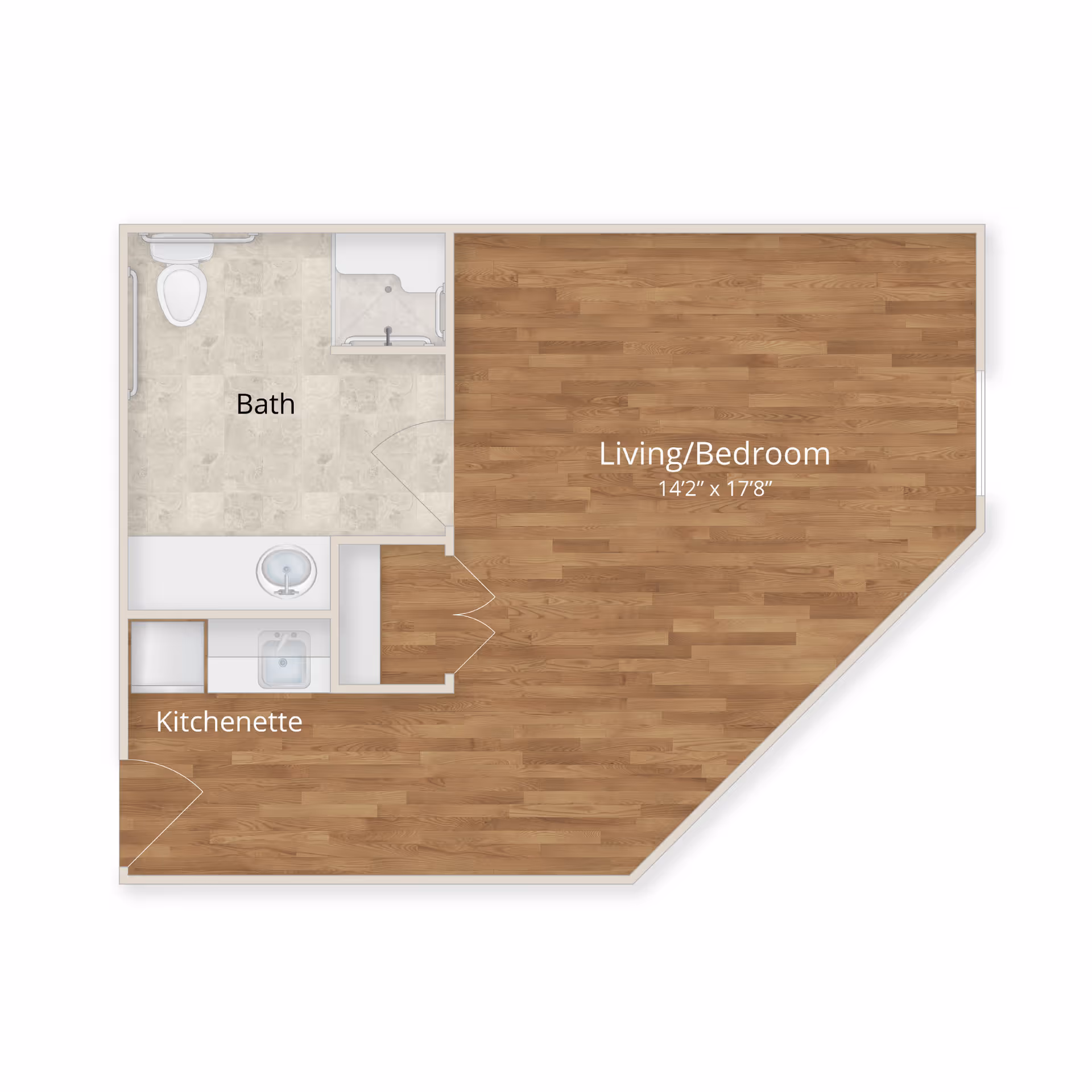 Floor plan of a studio apartment at The Grove on Forest Lane showing a combined living and bedroom area measuring 14 feet 2 inches by 17 feet 8 inches, a kitchenette, and a bathroom with a toilet, sink, and shower.