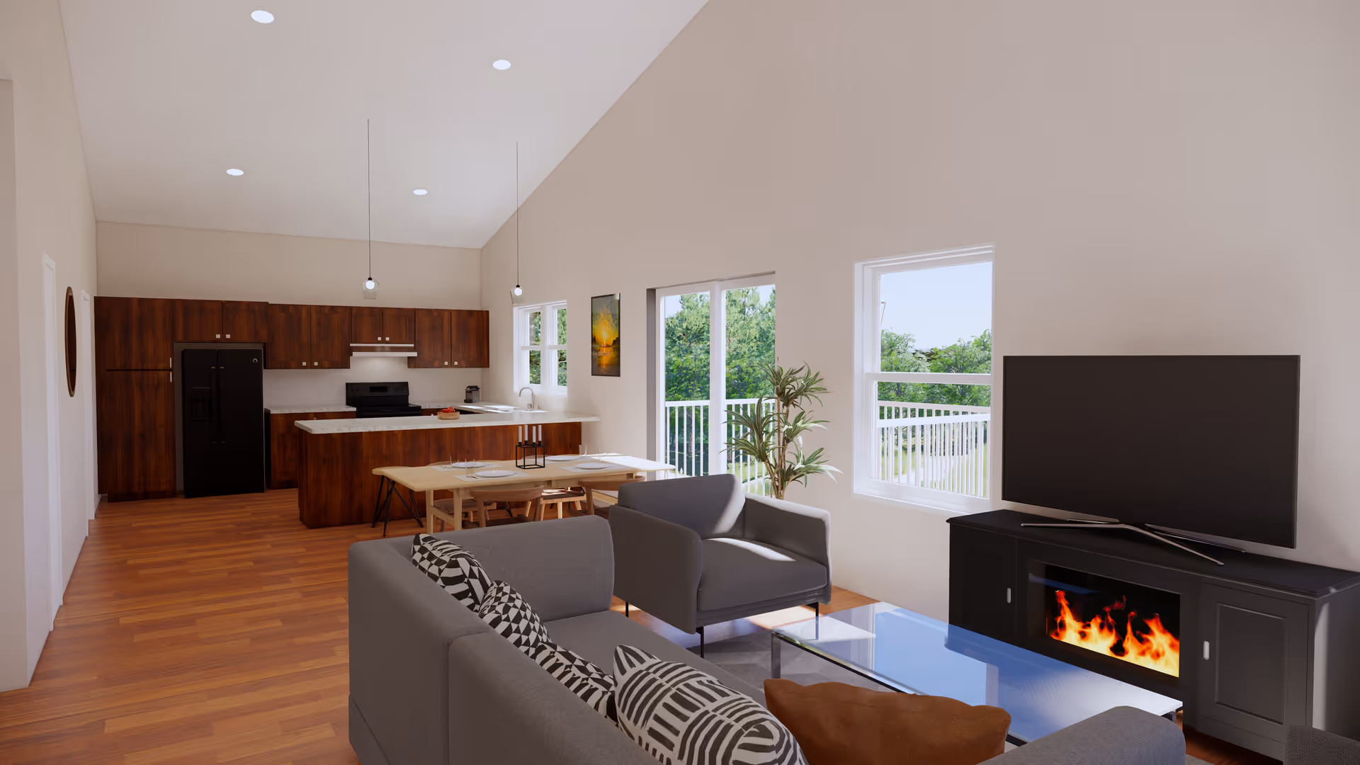 Open-plan living room and kitchen with a sofa and armchair, glass coffee table, TV above an electric fireplace, dining table, and large windows overlooking greenery.