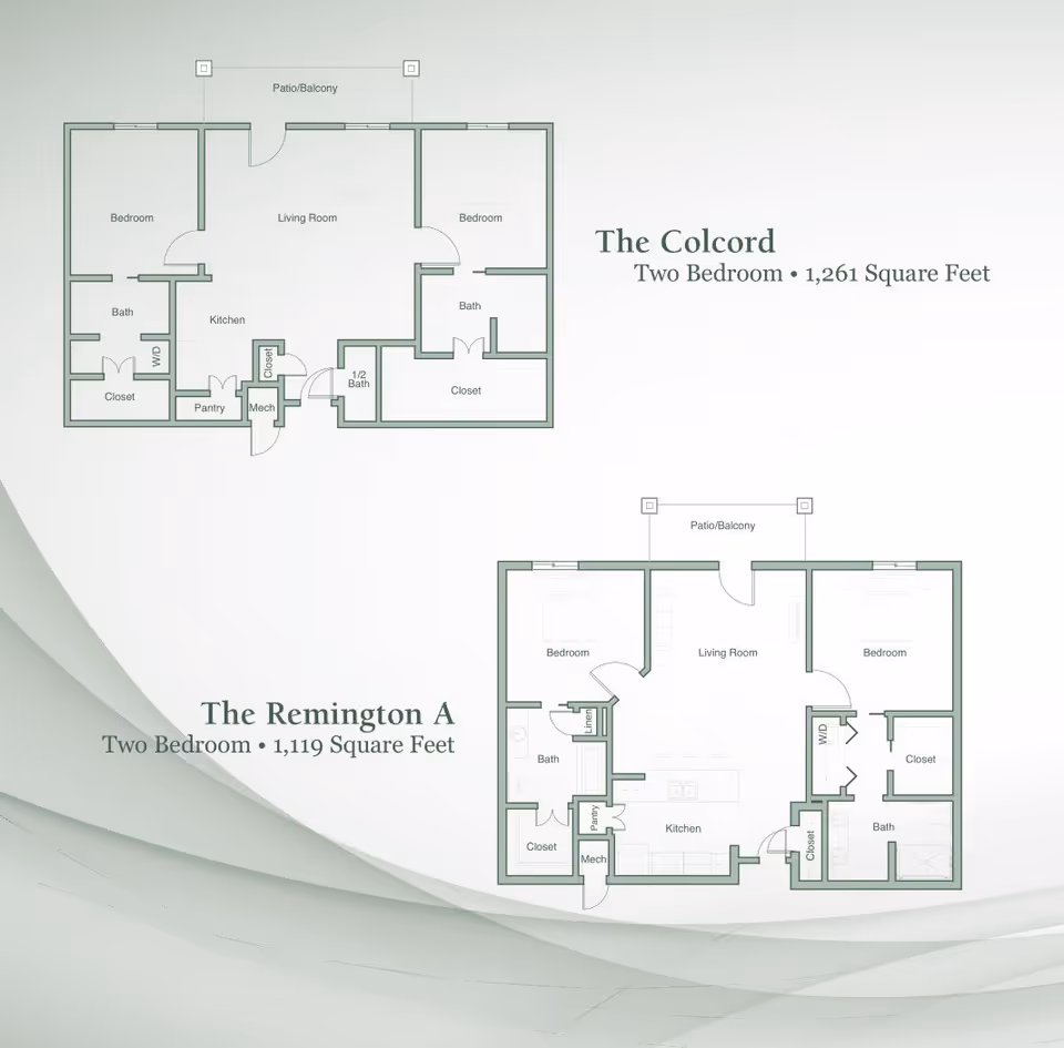 Floor plans for two two-bedroom apartment layouts named The Colcord and The Remington A, showing rooms including bedrooms, bathrooms, living rooms, kitchens, closets, pantry, mechanical rooms, and patios/balconies. The Colcord is 1,261 square feet and The Remington A is 1,119 square feet.
