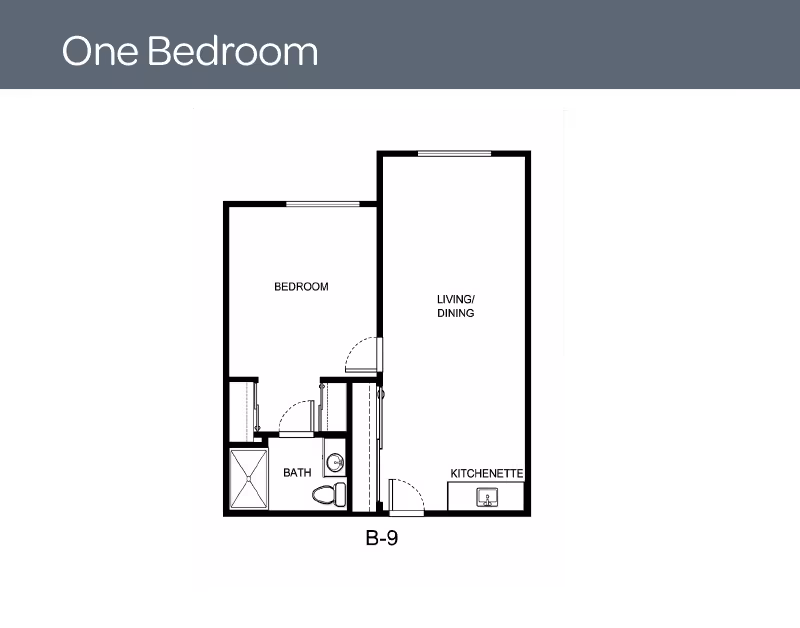 Black-and-white schematic floor plan labeled 'One Bedroom' showing a bedroom, bath, kitchenette and combined living/dining area (unit B-9).