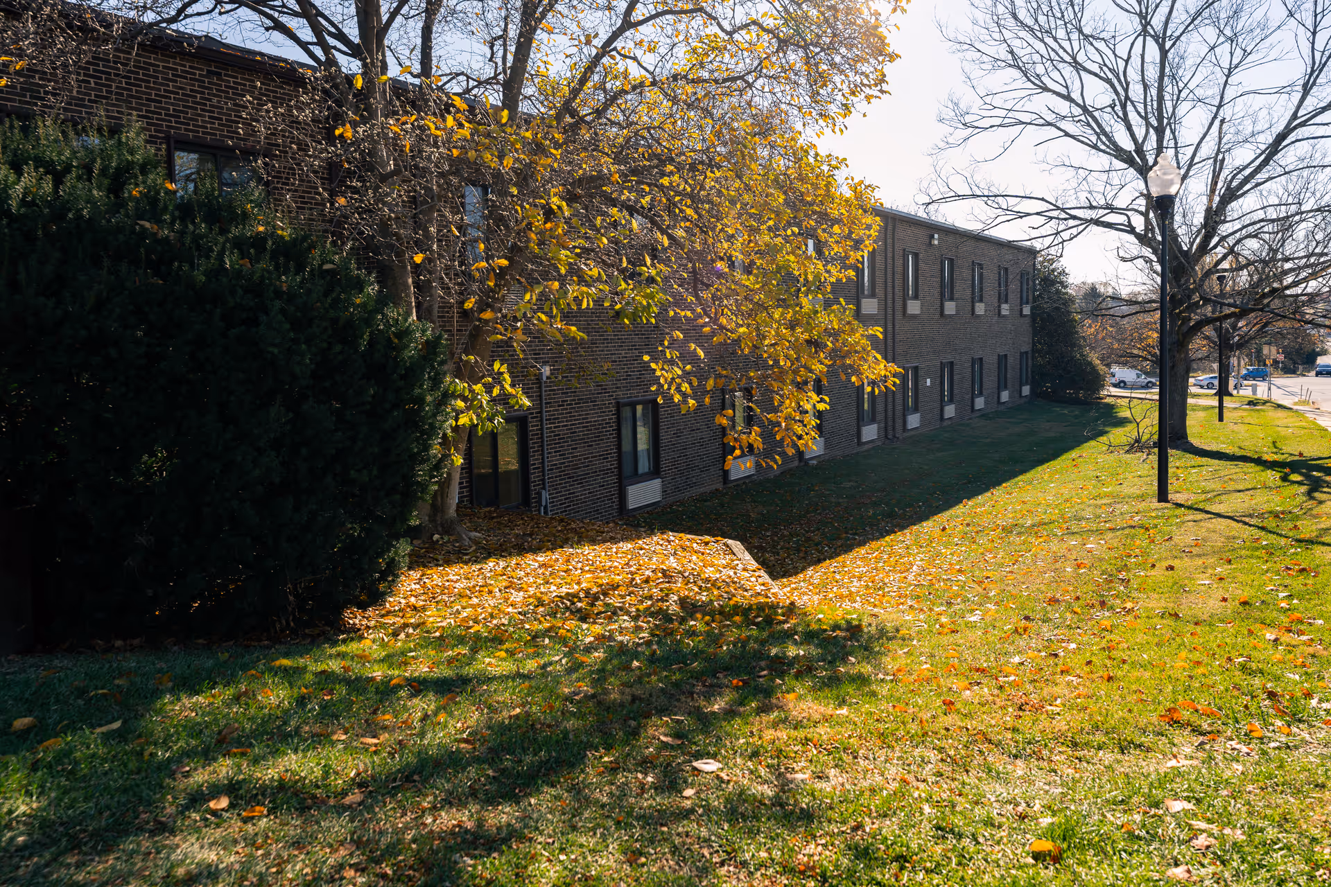 Two-story brick building seen from outside with a grassy lawn, autumn trees and a lamppost.