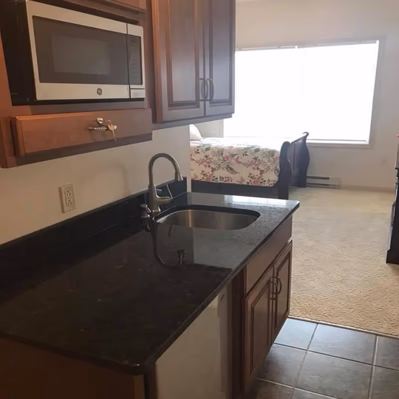 Small kitchenette with a granite countertop and sink, microwave and cabinets, with a bed visible in the adjoining room.