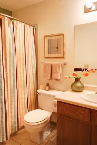 A bathroom with a toilet, a sink with a wooden cabinet, and a countertop. There is a striped shower curtain with multiple colors, two peach-colored towels hanging on a rack above the toilet, a framed picture on the wall, and a green vase with orange flowers on the countertop. The walls are light-colored and the floor is tiled.