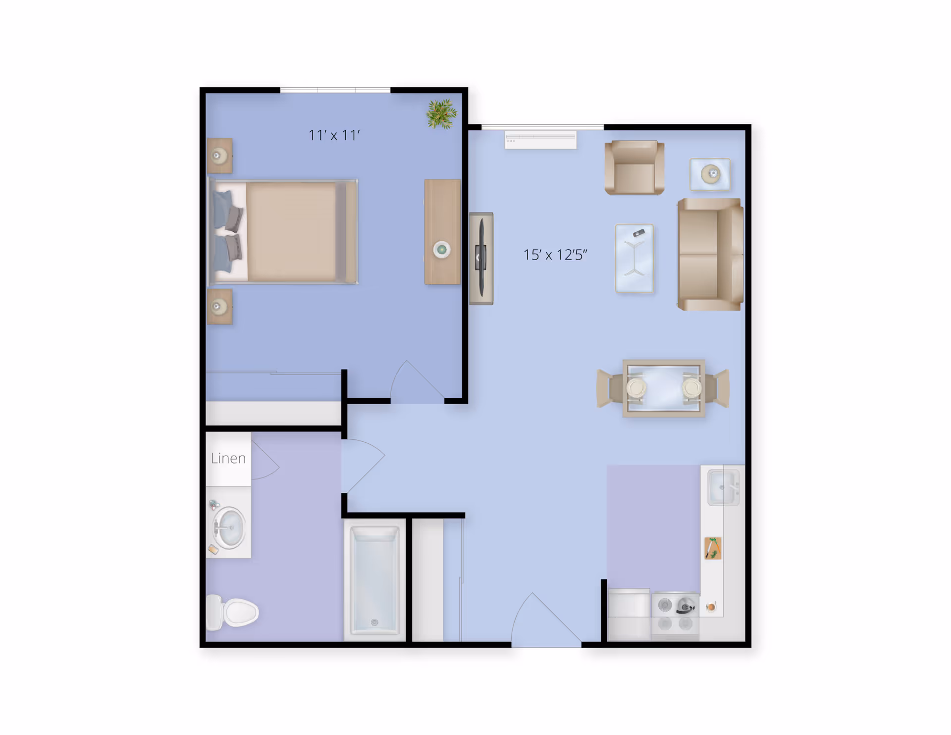 Floor plan of a one-bedroom apartment featuring a bedroom measuring 11 by 11 feet with a bed and nightstands, a living room measuring 15 by 12 feet 5 inches with seating, a dining table, and a TV, a kitchen area with appliances and a sink, and a bathroom with a toilet, sink, bathtub, and linen closet.