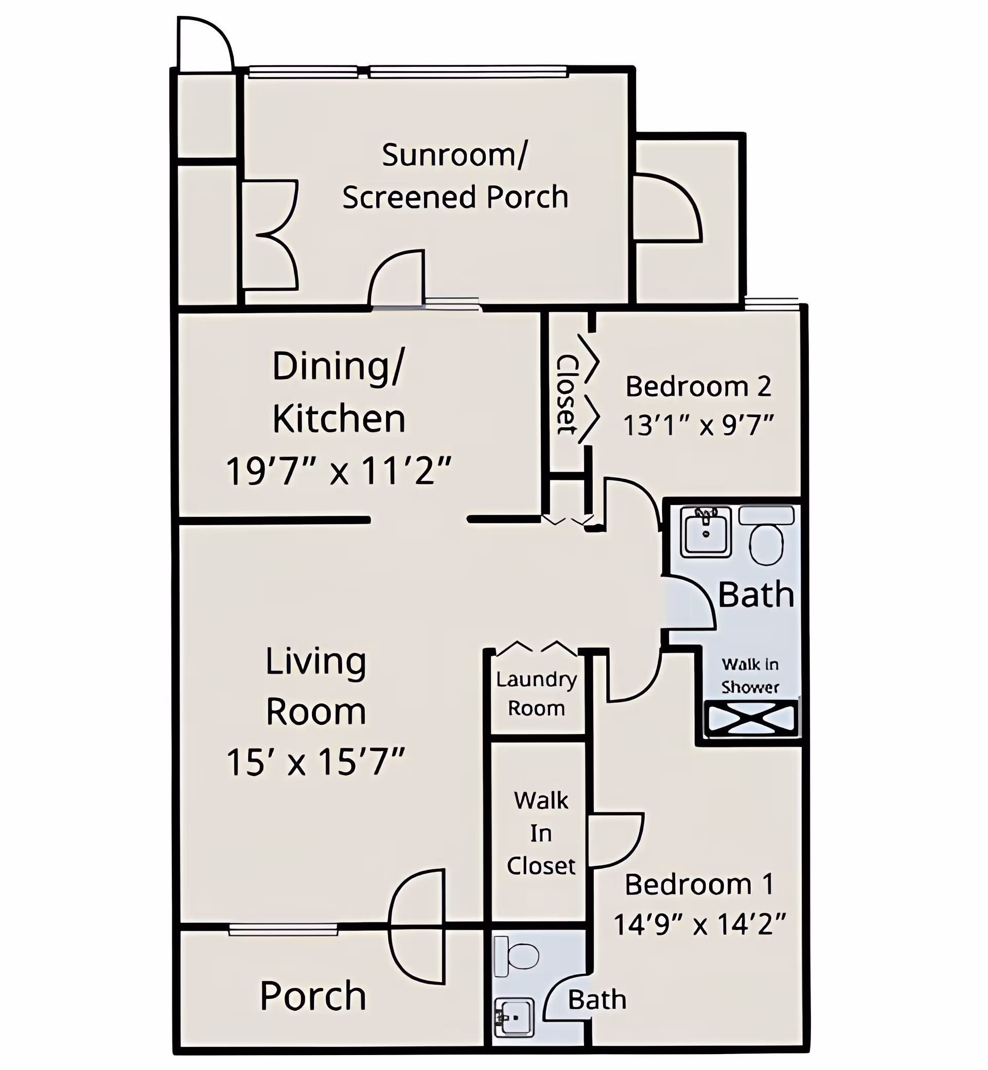 Floor plan of a senior living unit at Commonwealth Senior Living At Salisbury showing a porch, living room, dining/kitchen area, sunroom/screened porch, two bedrooms, two bathrooms, a laundry room, and closets including a walk-in closet.