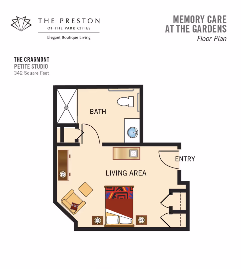 Floor plan illustration of "The Cragmont" petite studio (342 sq ft) showing a living area, bathroom, entry and furniture layout.