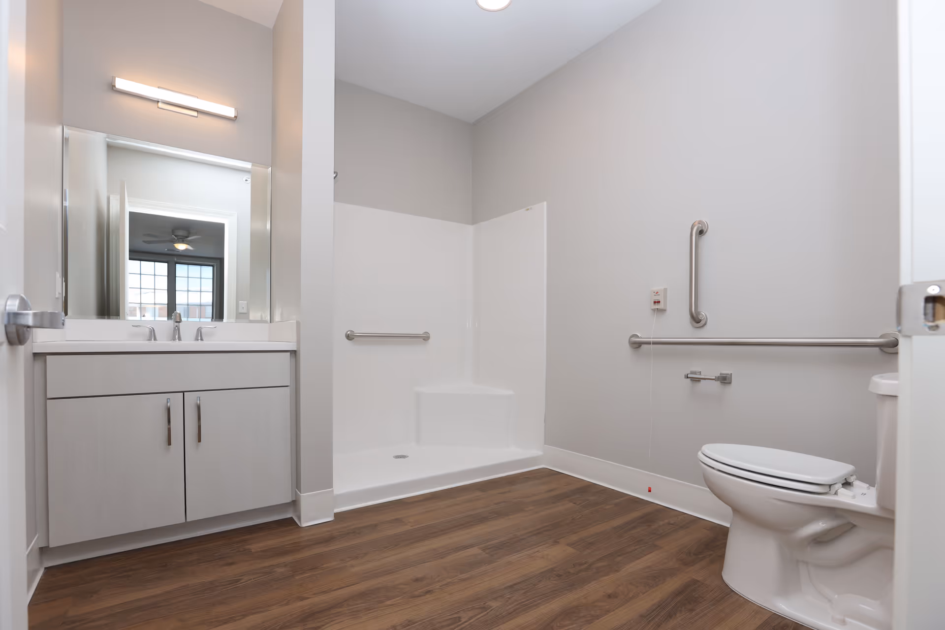 Accessible bathroom with a vanity and mirror, a walk-in shower with a built-in seat and grab bars, and a toilet on wood-look flooring.