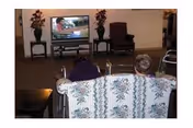 Two elderly individuals sitting in wheelchairs facing a television in a living room setting. The room has a patterned sofa in the foreground, a TV on a stand with a show playing, two chairs, and decorative plants on side tables against a beige wall.