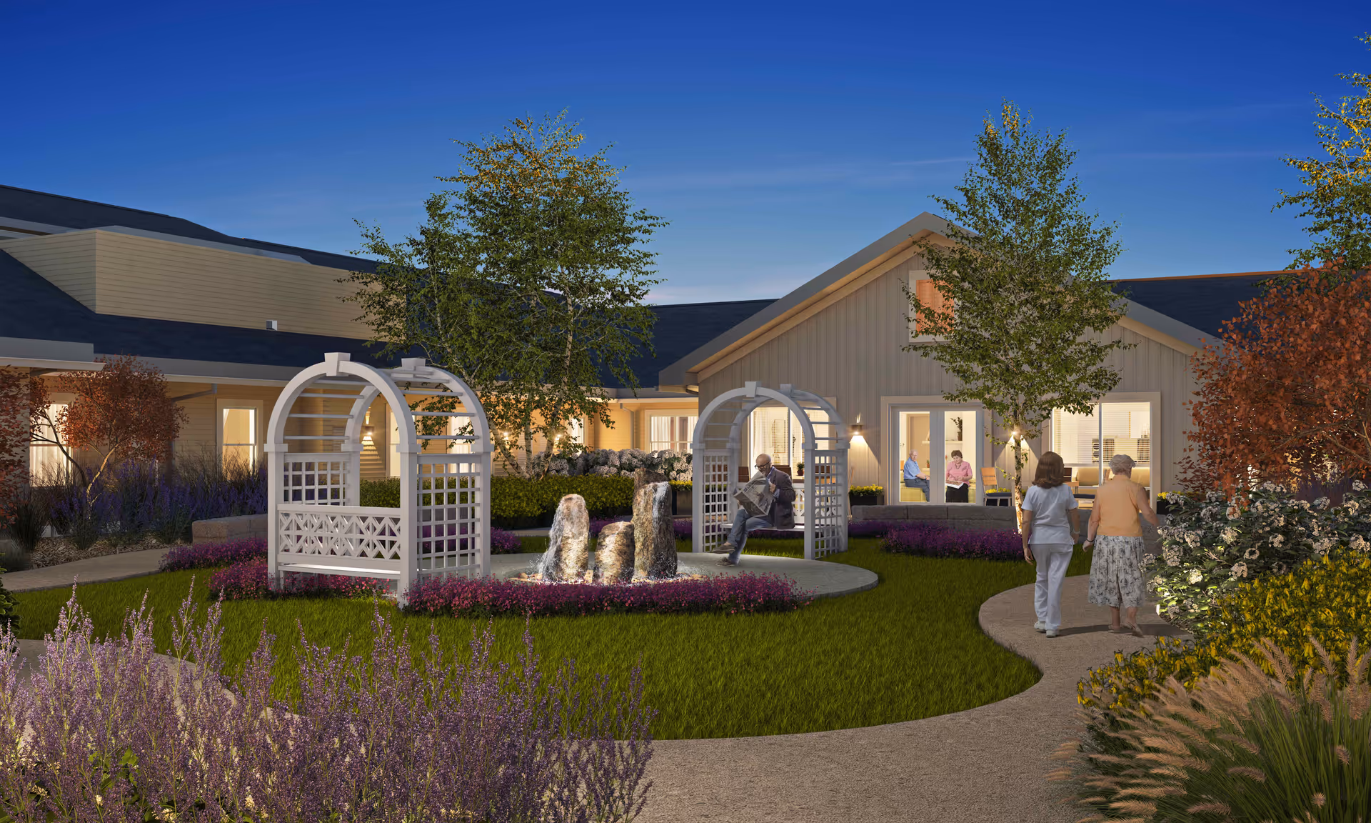 A landscaped courtyard at a senior living community with white trellis arches around a small fountain and residents walking and sitting near the building.