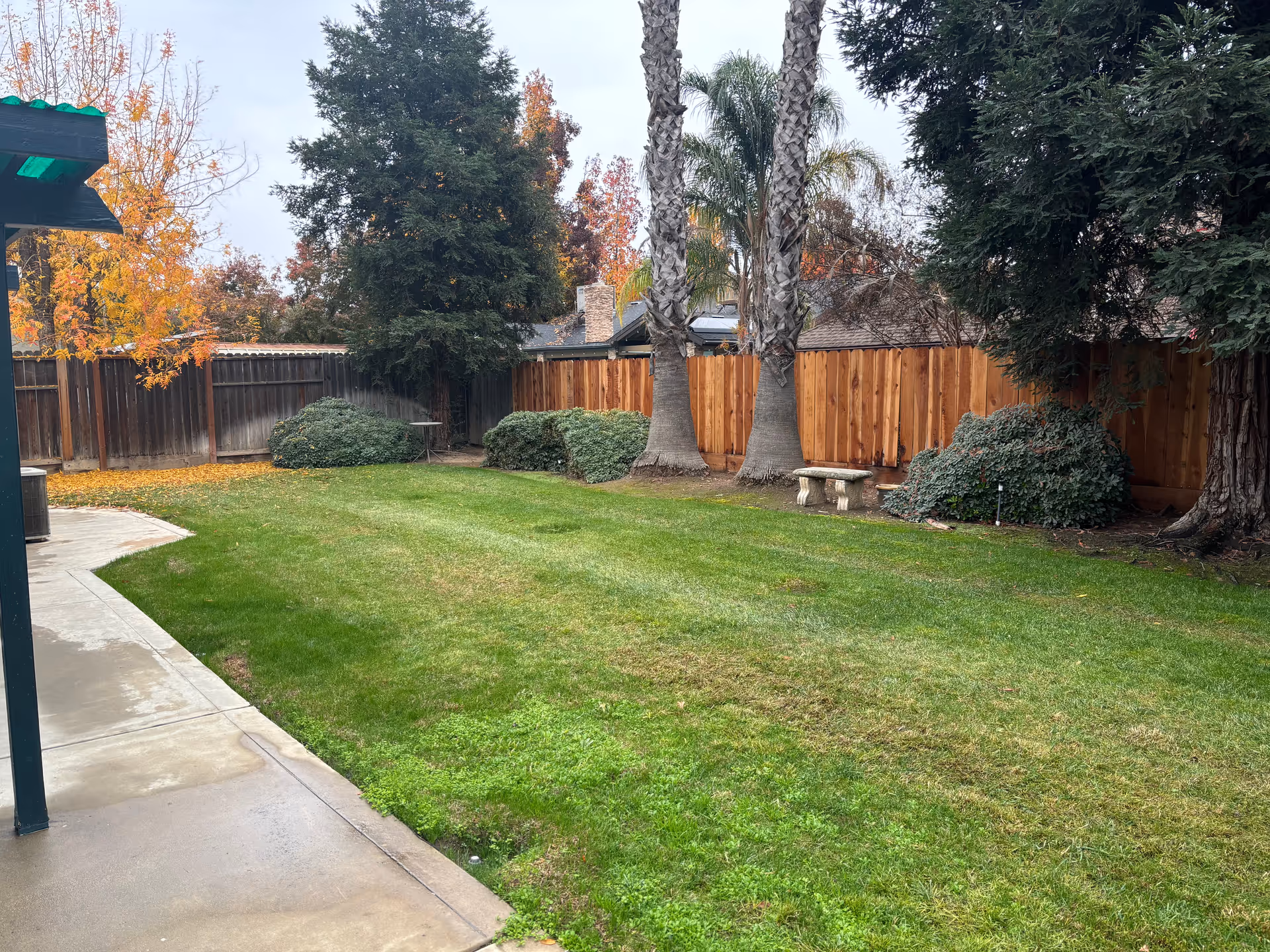 Lush green lawn with mature trees, a wooden fence, and a stone bench.