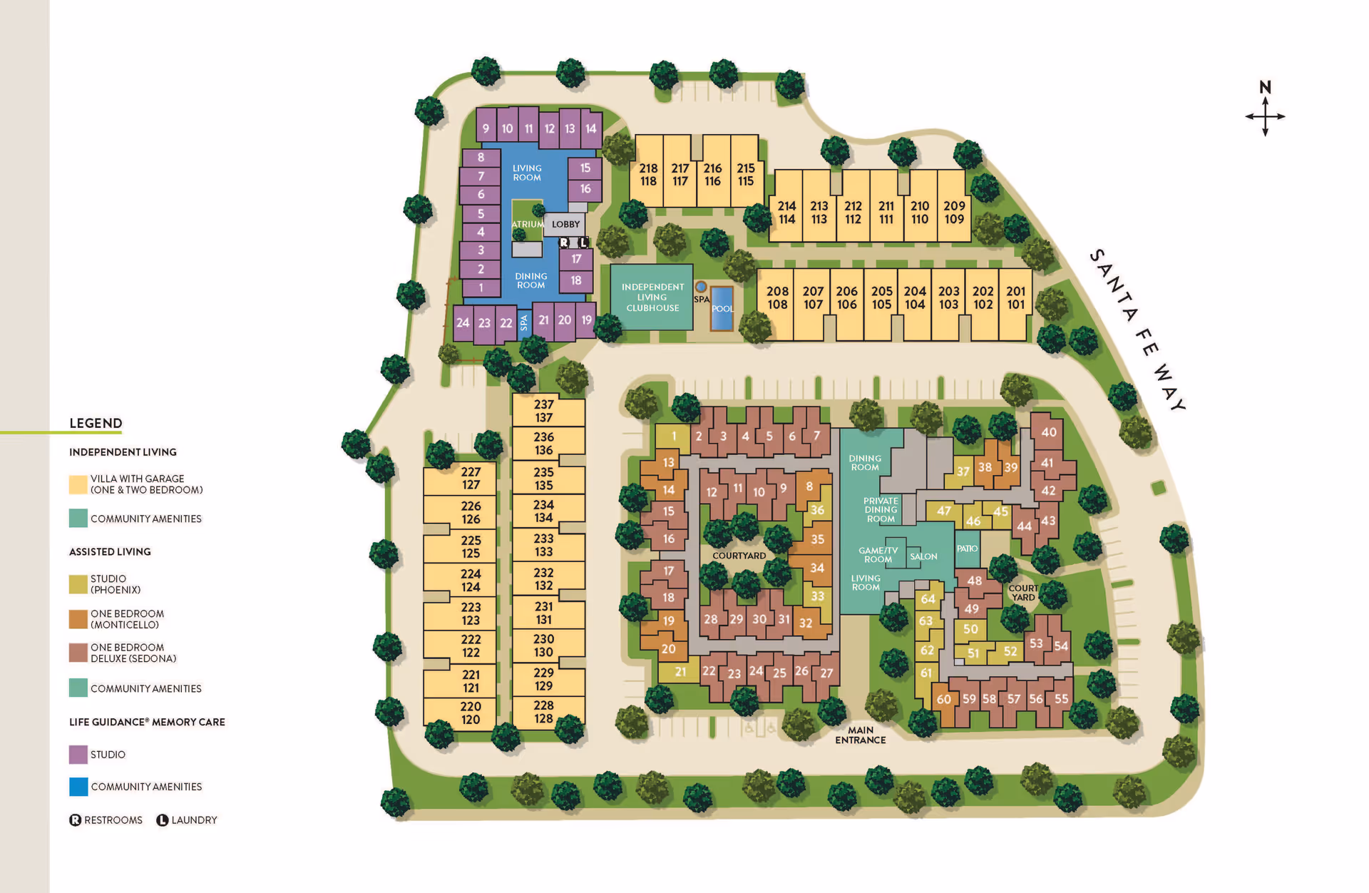 A detailed color-coded floor plan of Atria Rocklin senior living facility showing independent living villas, assisted living units, and memory care studios. The map includes community amenities such as dining rooms, living rooms, game/TV rooms, courtyards, a spa, pool, and clubhouse. Parking areas and pathways are also depicted, along with a legend explaining the color codes for different living options and amenities.