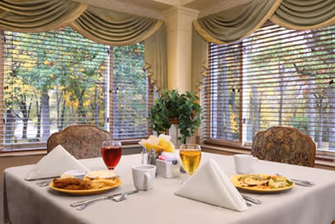 Table set for two with plated meals, drinks and folded napkins in a sunlit dining area by large bay windows with green drapery.