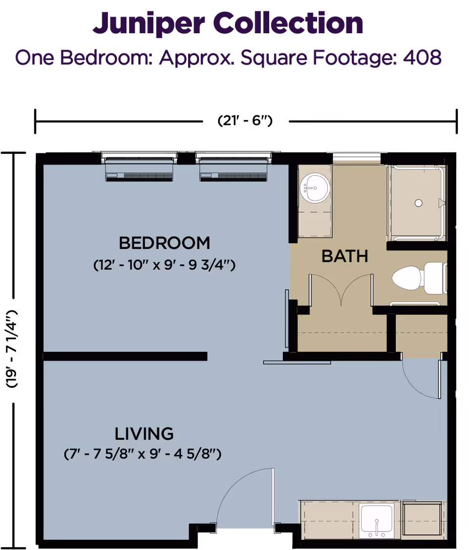 Floor plan of the Juniper Collection one-bedroom apartment at Thrive at Augusta, showing a bedroom measuring approximately 12 feet 10 inches by 9 feet 9 3/4 inches, a living area measuring approximately 7 feet 7 5/8 inches by 9 feet 4 5/8 inches, and a bathroom with a sink, toilet, and shower.