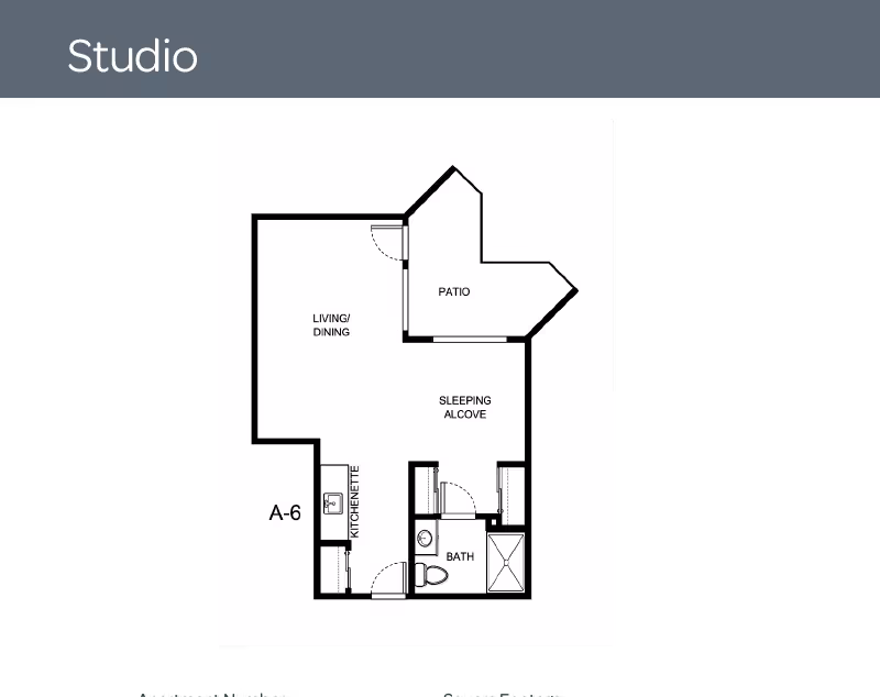 Floor plan of a studio apartment at Jackson Meadow showing a living/dining area, kitchenette, sleeping alcove, bathroom, and a patio.