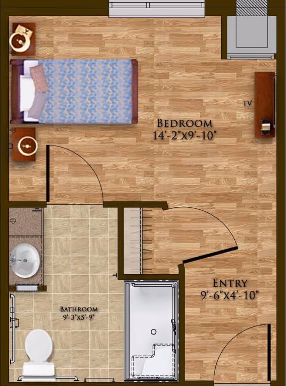 Floor plan of a small living space showing a bedroom with a bed, two nightstands, and a TV stand. The bedroom measures 14 feet 2 inches by 9 feet 10 inches. Adjacent to the bedroom is a bathroom with a toilet, sink, and shower, measuring 9 feet 3 inches by 5 feet 9 inches. There is also an entry area measuring 9 feet 6 inches by 4 feet 10 inches.