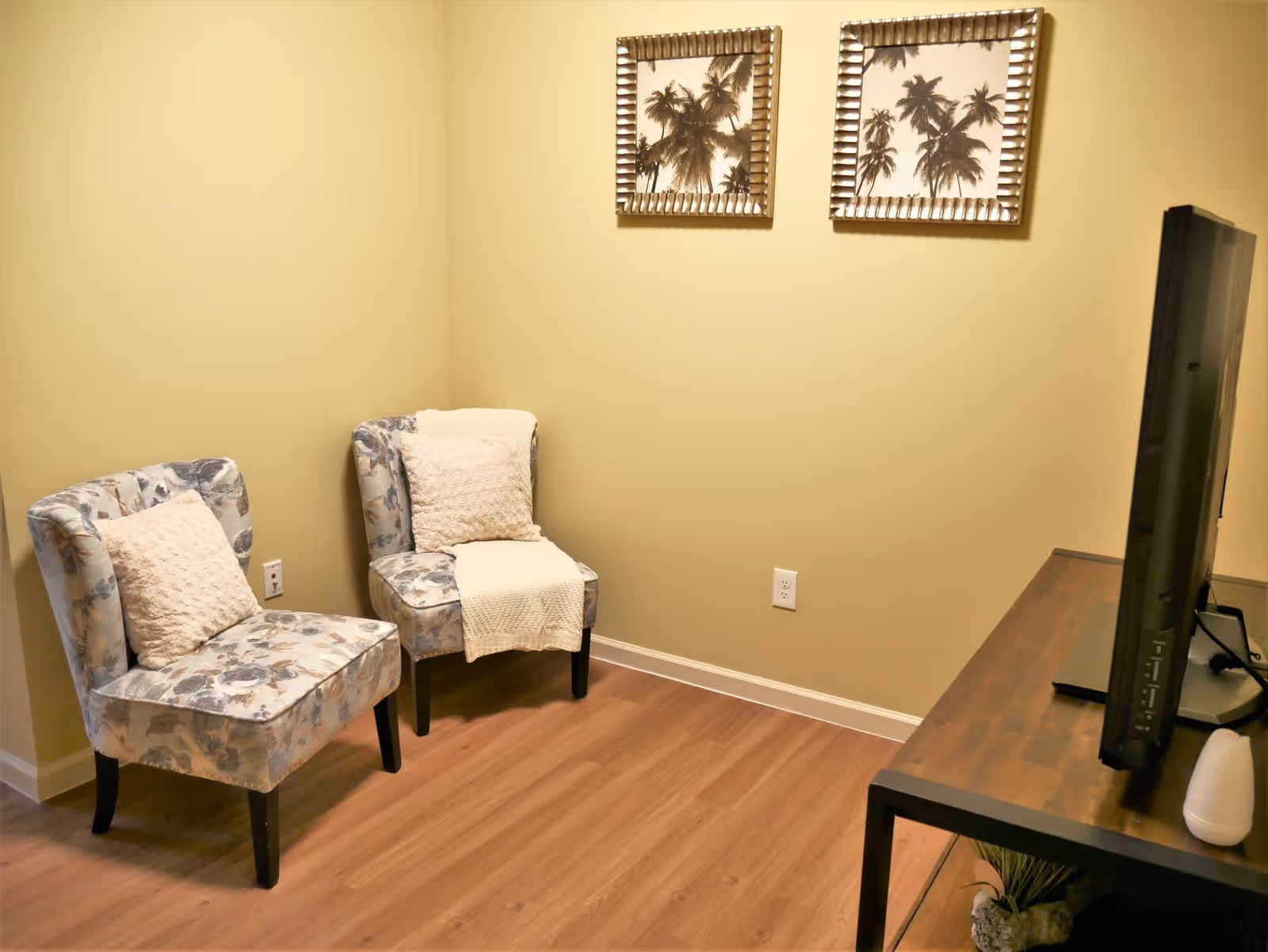 Small sitting area with two patterned chairs, a TV on a wooden console, and framed palm prints on a pale yellow wall.