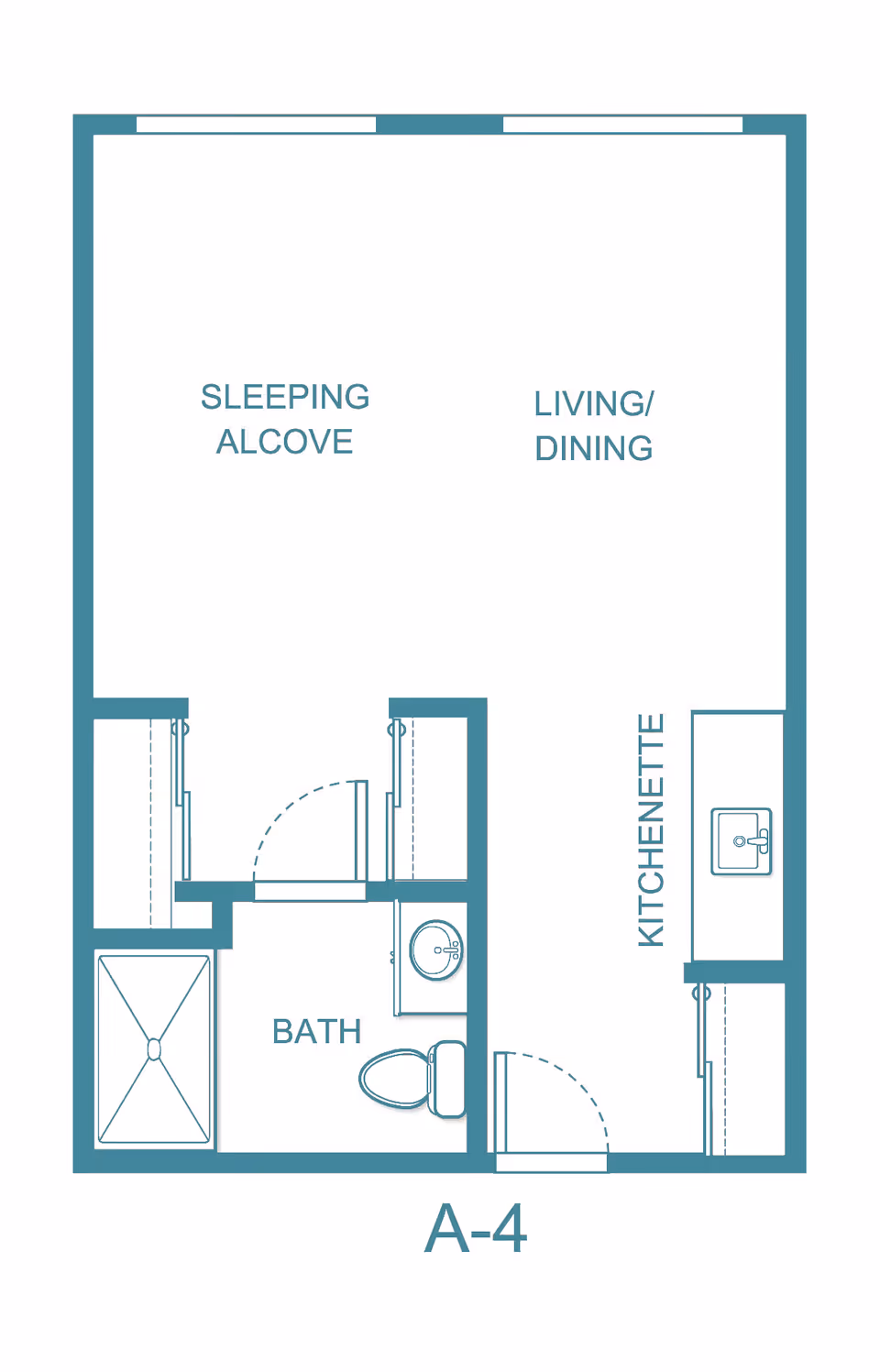 Floor plan layout of a studio apartment labeled A-4, showing a sleeping alcove, living/dining area, kitchenette, and a bathroom with a shower, toilet, and sink.