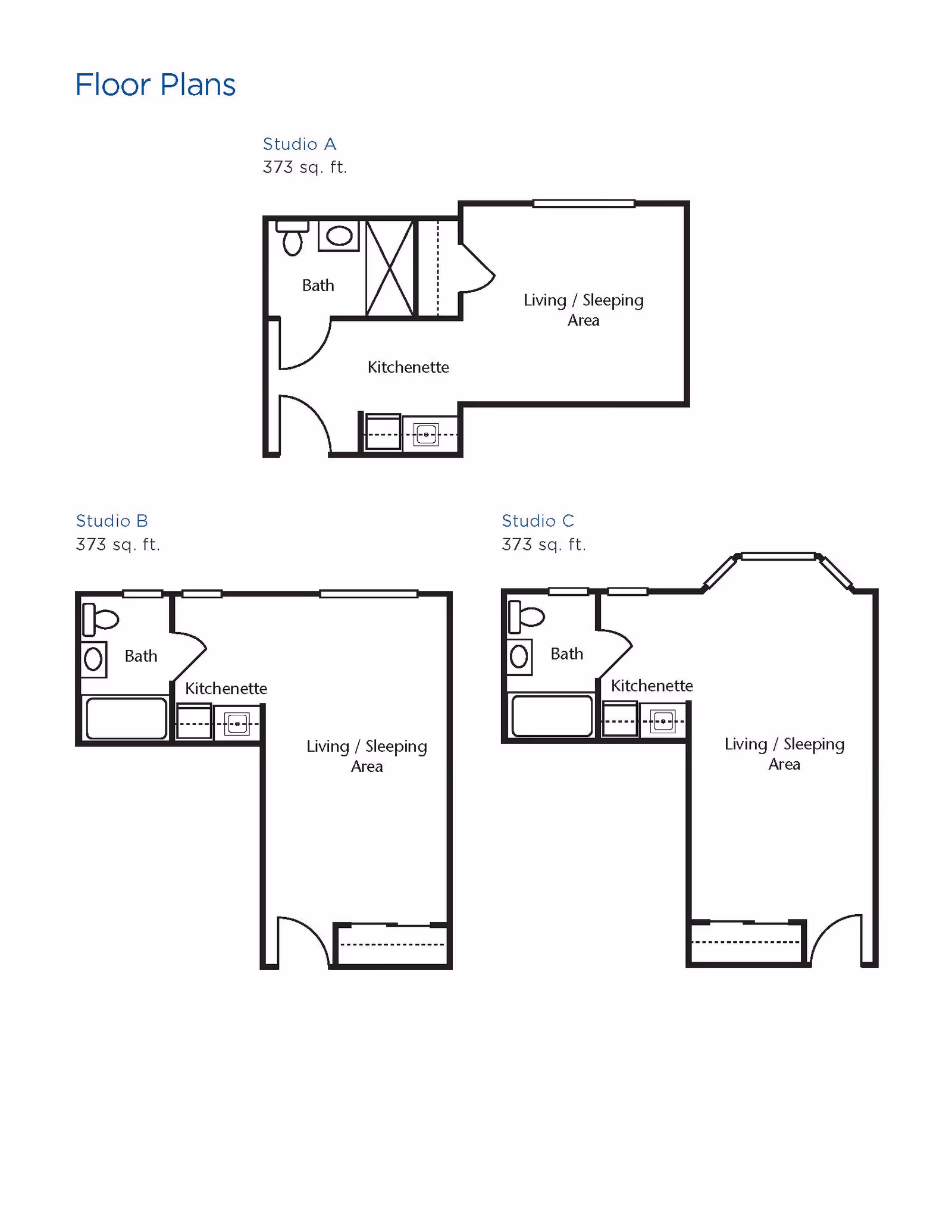 Floor plans for three studio apartments labeled Studio A, Studio B, and Studio C, each 373 square feet. Each plan shows a bath, kitchenette, and a combined living/sleeping area with different layouts.