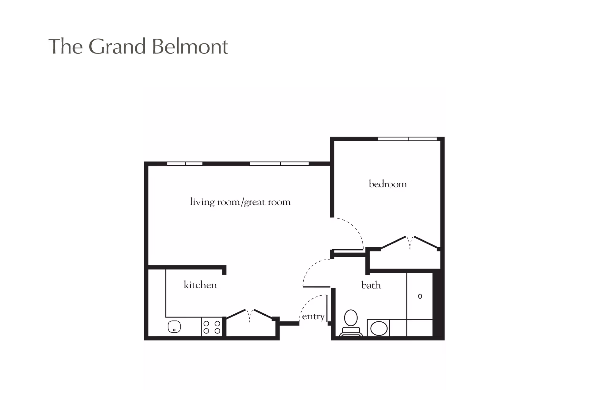 Floor plan of The Grand Belmont unit at Atria Hertlin Place showing a layout with a living room/great room, kitchen, bedroom, bathroom, and entry area.