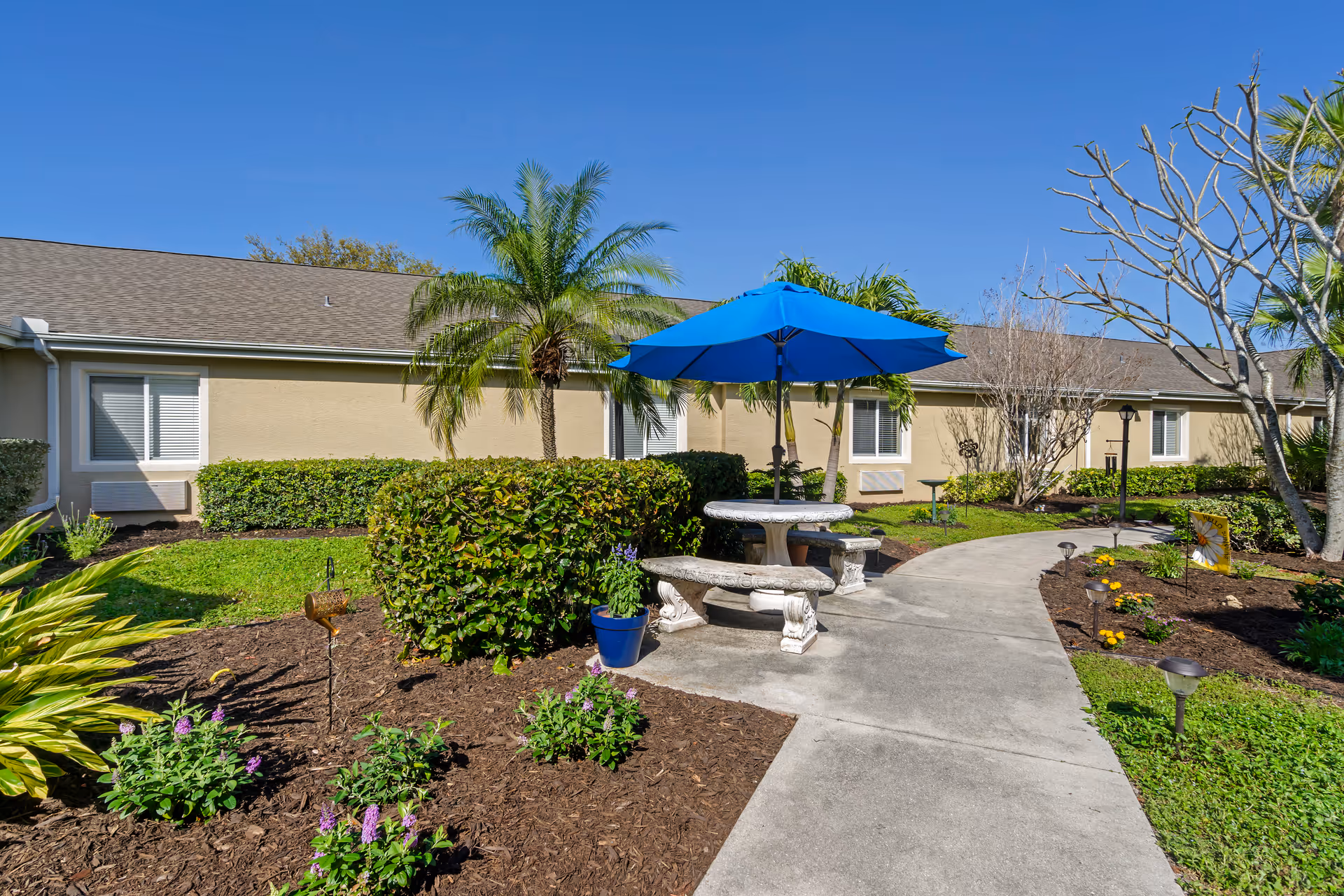 Sunny courtyard with a concrete picnic table and blue umbrella, landscaped beds, a walkway, and a single-story building in the background.