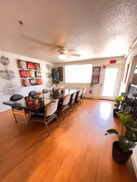 A bright dining room with a long rectangular table surrounded by chairs. The table has a glossy black surface with small flower arrangements placed on it. The room has wooden flooring, a ceiling fan with a light, and large windows letting in natural light. There are decorative wall art pieces and potted plants around the room, and a door with an exit sign above it.