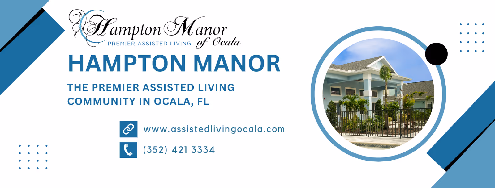 Promotional banner showing Hampton Manor Ocala assisted living exterior building image.