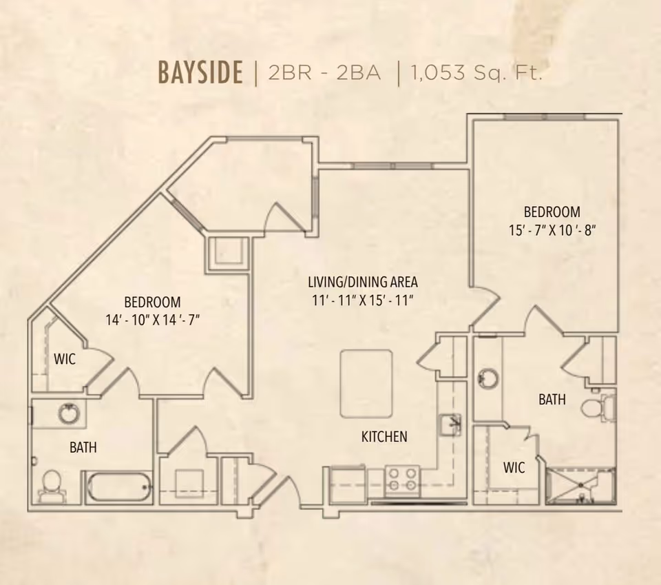 Floor plan of a Bayside apartment with 2 bedrooms and 2 bathrooms, totaling 1,053 square feet. The layout includes two bedrooms with walk-in closets (WIC), two bathrooms, a kitchen, and a combined living/dining area.