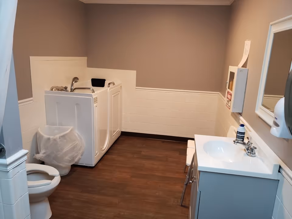 A bathroom with a walk-in bathtub, a toilet, a sink with a mirror above it, a trash can, and a small stool. The walls are painted gray with white wainscoting, and the floor has a wood-like finish.
