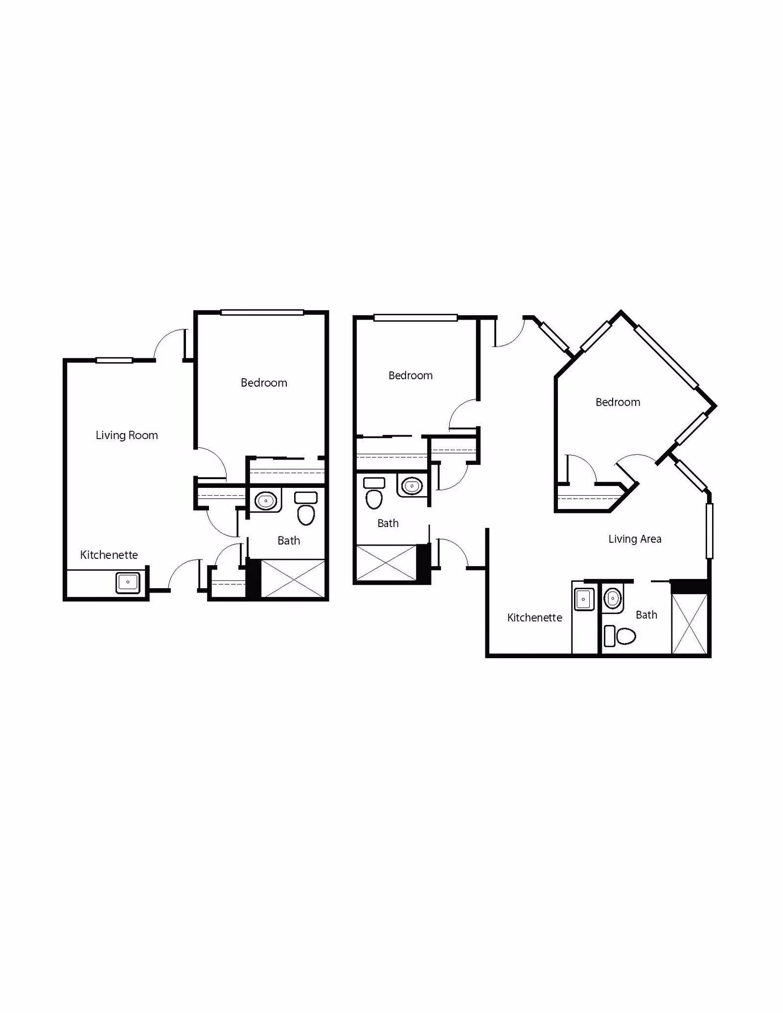 Architectural floor plan showing three different apartment layouts, each with labeled rooms including bedrooms, bathrooms, living rooms or living areas, and kitchenettes.