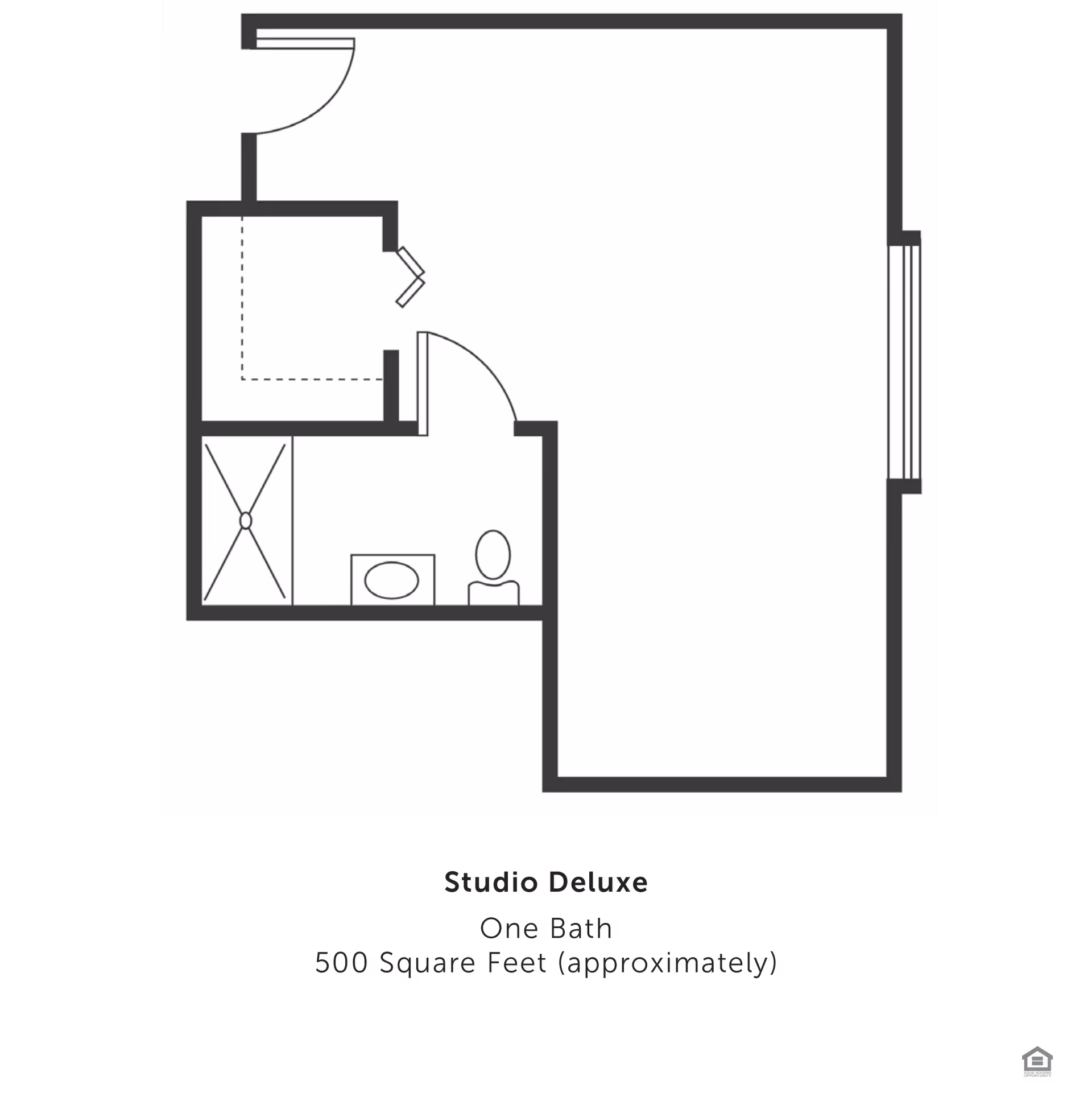 Floor plan of a Studio Deluxe apartment with one bathroom, approximately 500 square feet. The layout shows an entry door leading to a small closet area, a bathroom with a shower, sink, and toilet, and a large open living space with a window on one side.