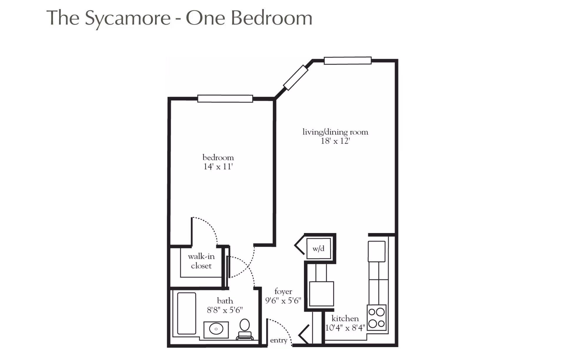 Floor plan of The Sycamore one-bedroom apartment at Atria Woodlands, showing a bedroom measuring 14 by 11 feet, a living/dining room measuring 18 by 12 feet, a kitchen measuring 10 feet 4 inches by 8 feet 4 inches, a bathroom measuring 8 feet 8 inches by 5 feet 6 inches, a walk-in closet, a foyer, and an entry area.