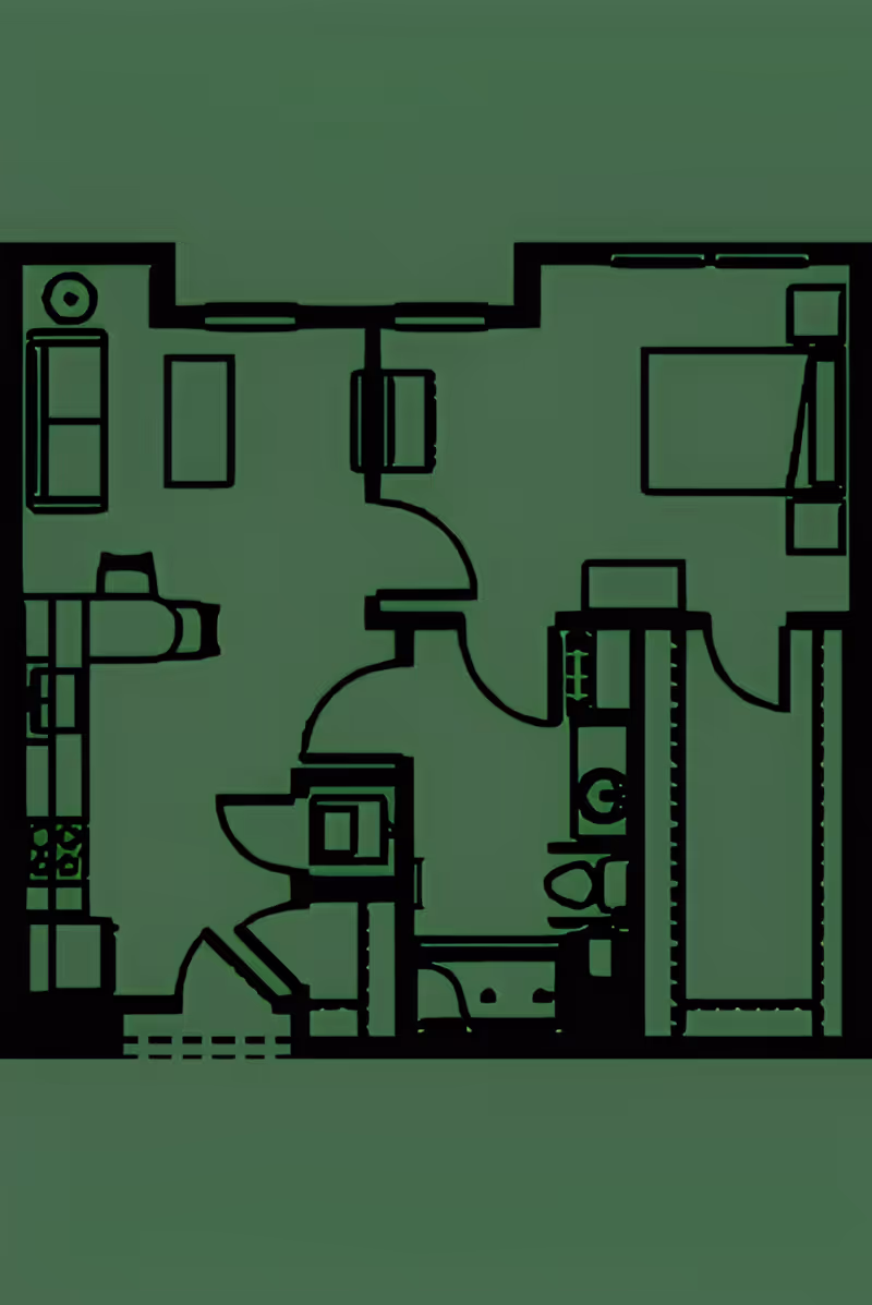 Architectural floor plan of a residential unit showing a layout with a living room, kitchen, bedroom, bathroom, and closets.