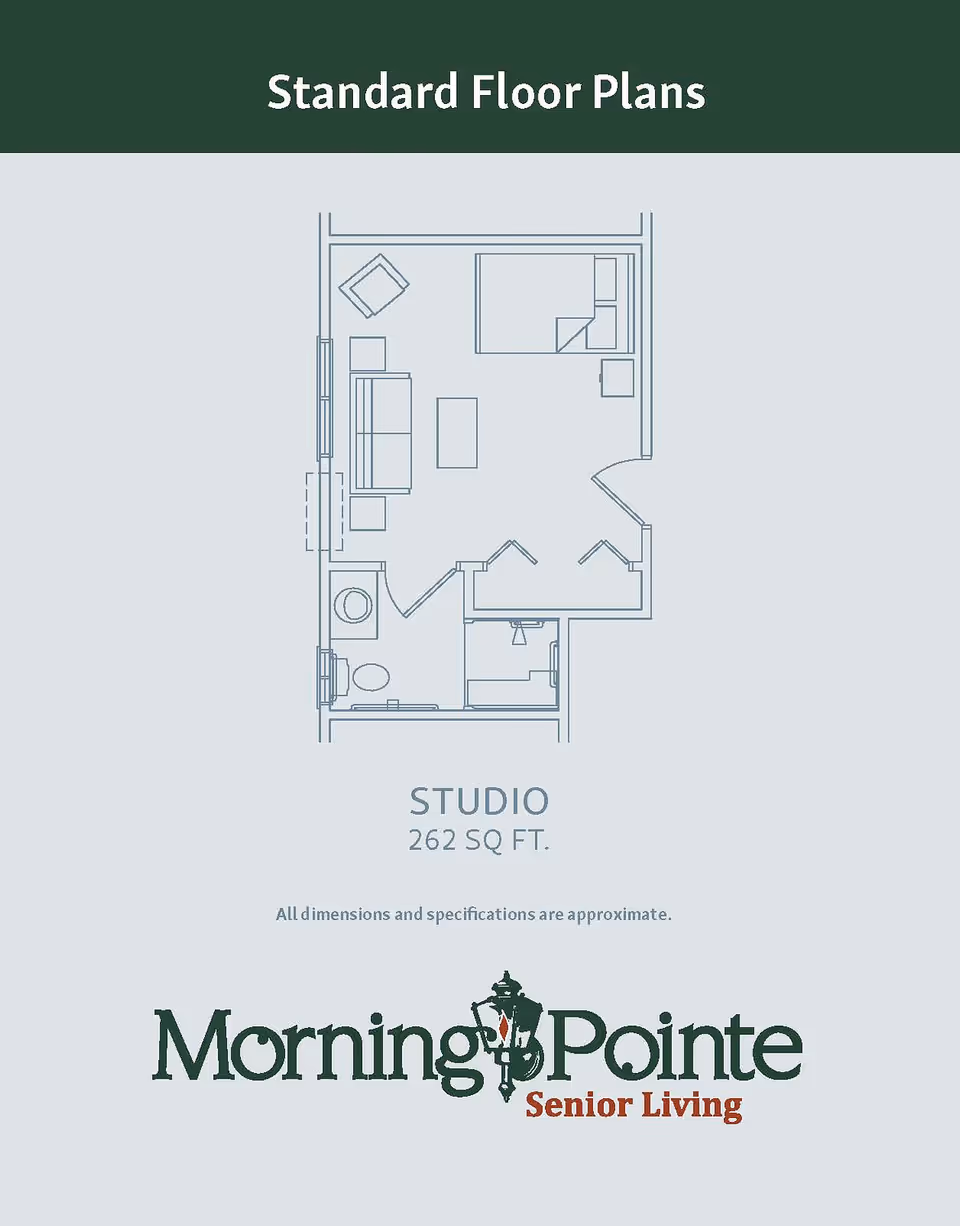 Floor plan of a studio apartment with 262 square feet, showing a combined living and sleeping area with a bed, sofa, chair, and table, along with a bathroom and closet space. The image includes the text 'Standard Floor Plans' at the top and the Morning Pointe Senior Living logo at the bottom.