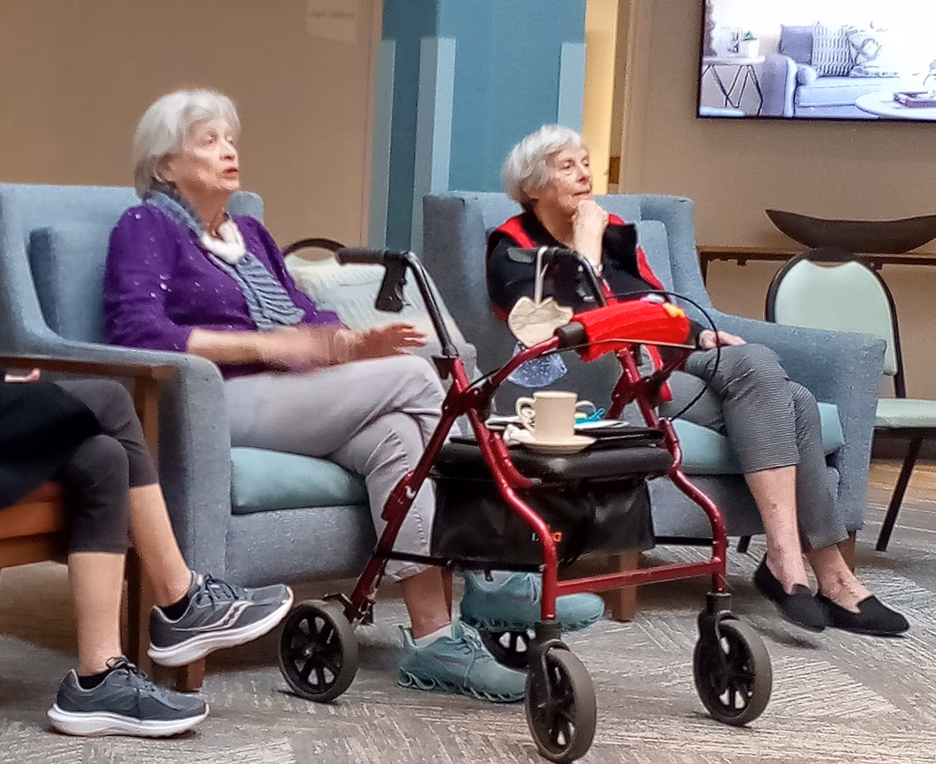 Two elderly women sitting in armchairs in a common area, one wearing a purple top and the other in a black and red jacket. A red walker with a cup and saucer on its seat is positioned in front of them. The setting appears to be a comfortable indoor lounge with additional chairs and a television mounted on the wall.