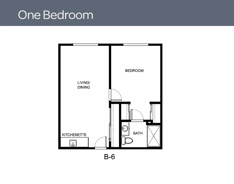 Floor plan of a one-bedroom unit at Holiday Crescent Heights showing a living/dining area with kitchenette, a separate bedroom, and a bathroom with a toilet and shower.
