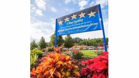 Outdoor view of a blue sign for Mountain City Care & Rehabilitation Center, labeled as a 5 Star Facility for Healthcare & Medical Services, surrounded by colorful flowers and greenery under a partly cloudy sky.