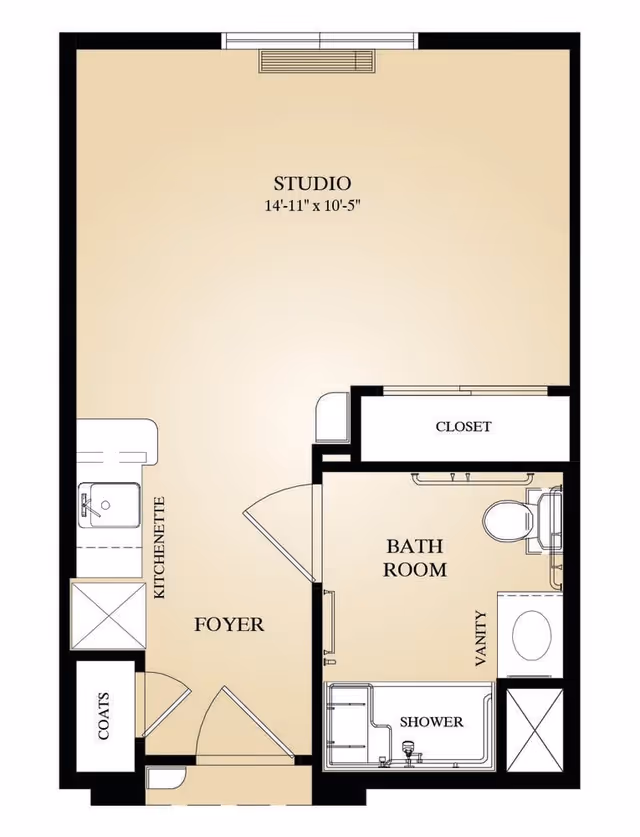 Floor plan of a studio apartment at Isle at Watercrest Bryan showing a studio area measuring 14 feet 11 inches by 10 feet 5 inches, a kitchenette, a foyer, a coat closet, a bathroom with a vanity, shower, and toilet, and a closet.
