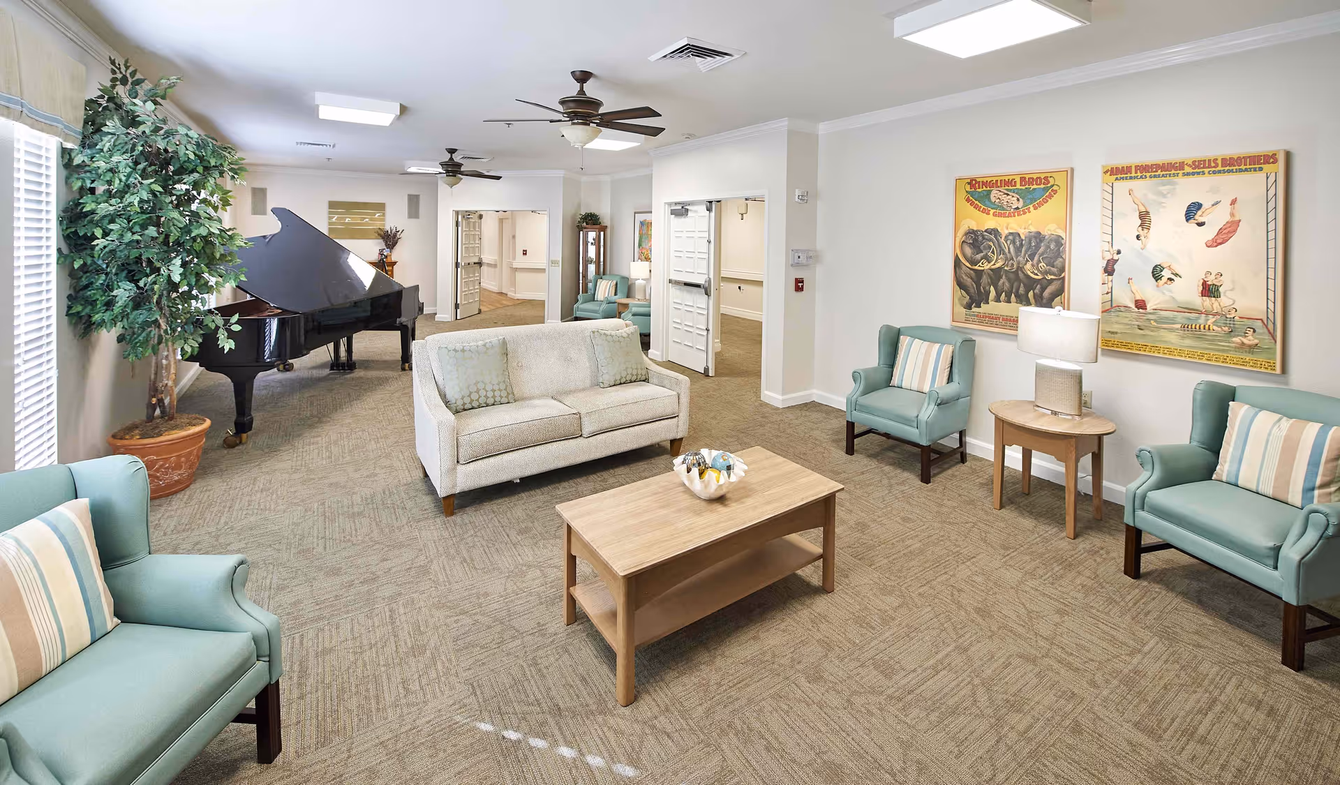 A bright and spacious living room area with beige carpet and light-colored walls. The room features a beige sofa, three light blue armchairs with striped cushions, a wooden coffee table with a decorative bowl, and a side table with a lamp. There is a large potted plant near the window and a black grand piano in the corner. Two vintage circus posters hang on the wall. Ceiling fans and recessed lighting illuminate the space.