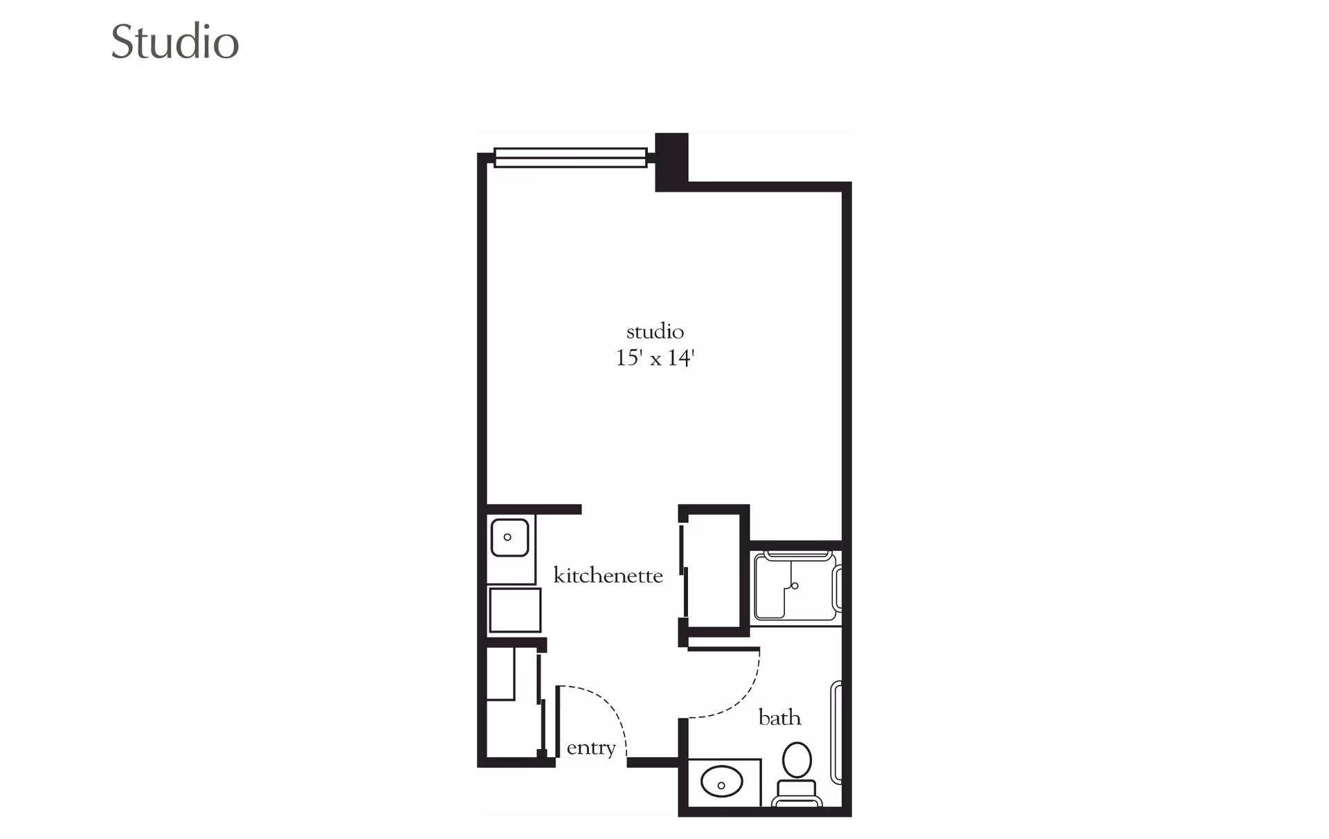 Floor plan of a studio apartment showing a 15 by 14 feet studio area, a kitchenette near the entry, and a bathroom with a sink, toilet, and bathtub.
