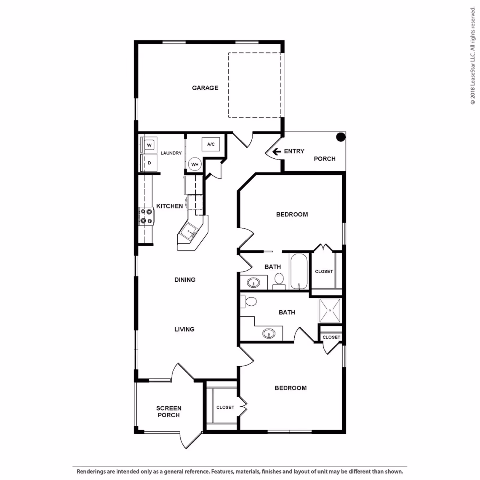 Floor plan layout of a residential unit showing a garage, entry porch, two bedrooms each with a closet, two bathrooms, a kitchen with adjacent laundry area, dining and living areas, and a screened porch.