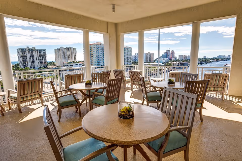 Covered outdoor patio area with multiple round tables and wooden chairs with green cushions, overlooking a cityscape with tall buildings and a waterway under a partly cloudy sky.