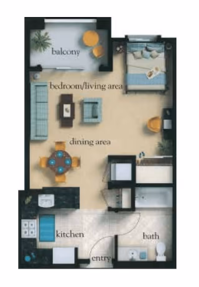 Floor plan of a senior living unit at Atria Tarzana showing a balcony, combined bedroom and living area, dining area, kitchen, entry, and bathroom.