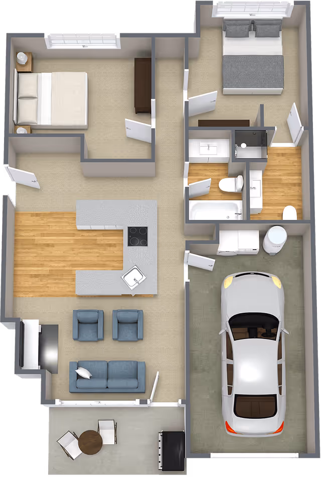 3D floor plan of a residential unit showing two bedrooms, a kitchen with an island and stove, a living room with sofa and chairs, a bathroom with bathtub and shower, a laundry area, and a garage with a car. There is also a small outdoor patio area with a table and two chairs.